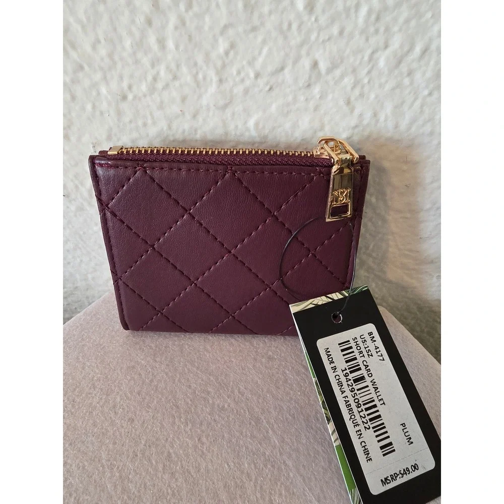 Badgley Mischka Plum Quilted Short Card Wallet BM-4177 Gold Hardware NEW